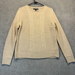 Brooks Brothers Cable Knit Sweater Women's Large Tan Pullover 100% Merino Wool